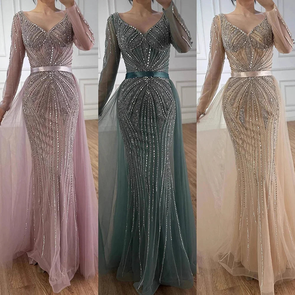 Pink V Neck Long Sleeve Beaded Evening Dress With Detachable Overskirt