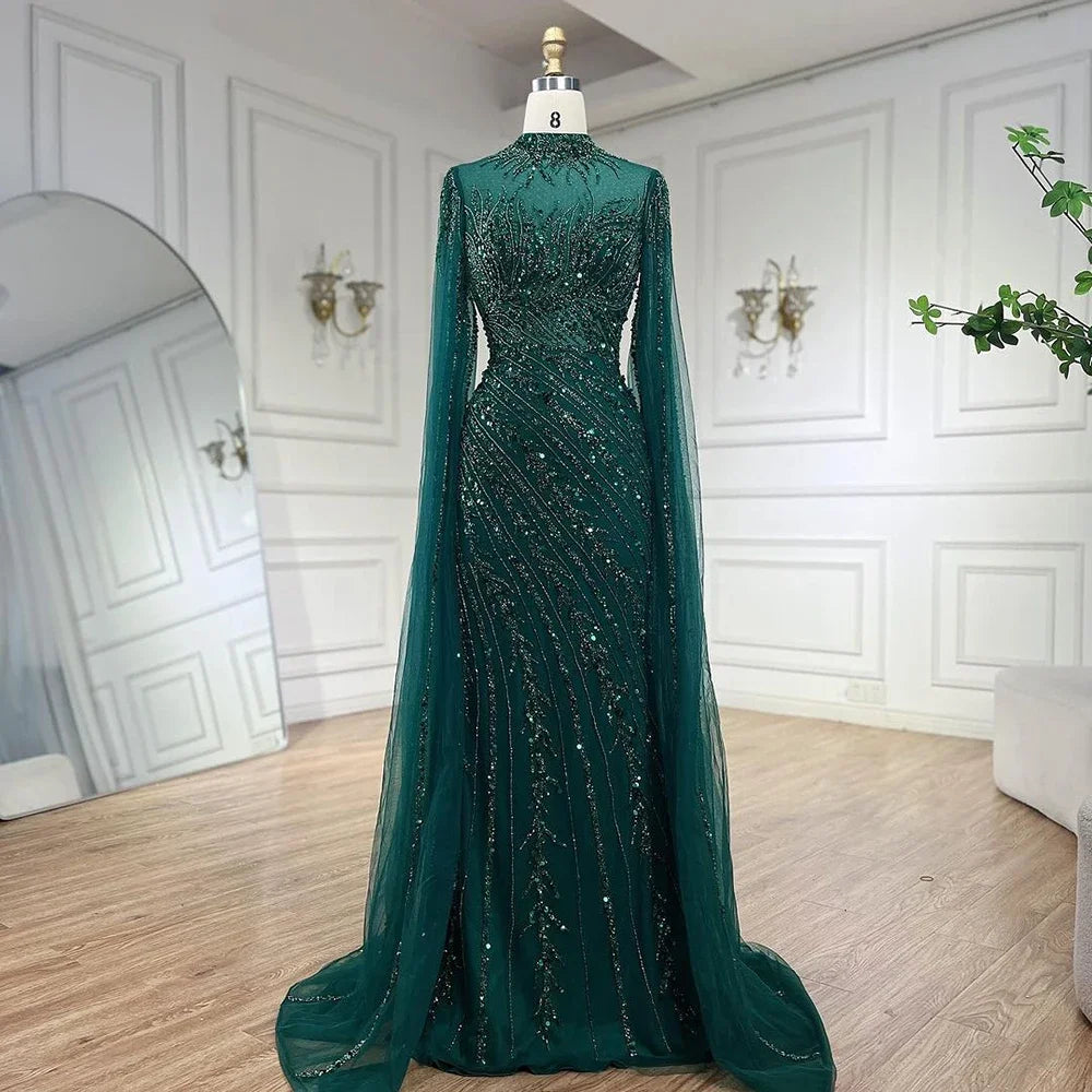 Customized Caramel Mermaid Evening Dress With Beaded Cape Sleeves For Wedding
