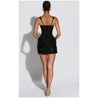 Sexy Sequin Patchwork Sling Mini Dress Women Chic Off-shoulder Backless Waist Cinching Slim Short Dresses Lady Club Party Gowns