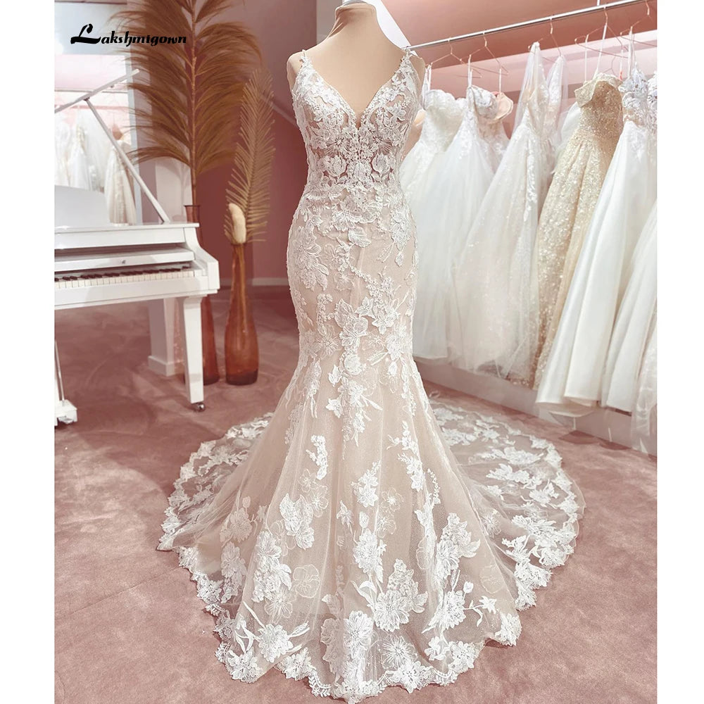 Custom Spaghetti Straps Floral Lace Mermaid Wedding Dress