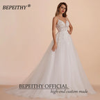 Customized Boho Ivory A Line Lace Wedding Dress Floor Length Bridal Gown