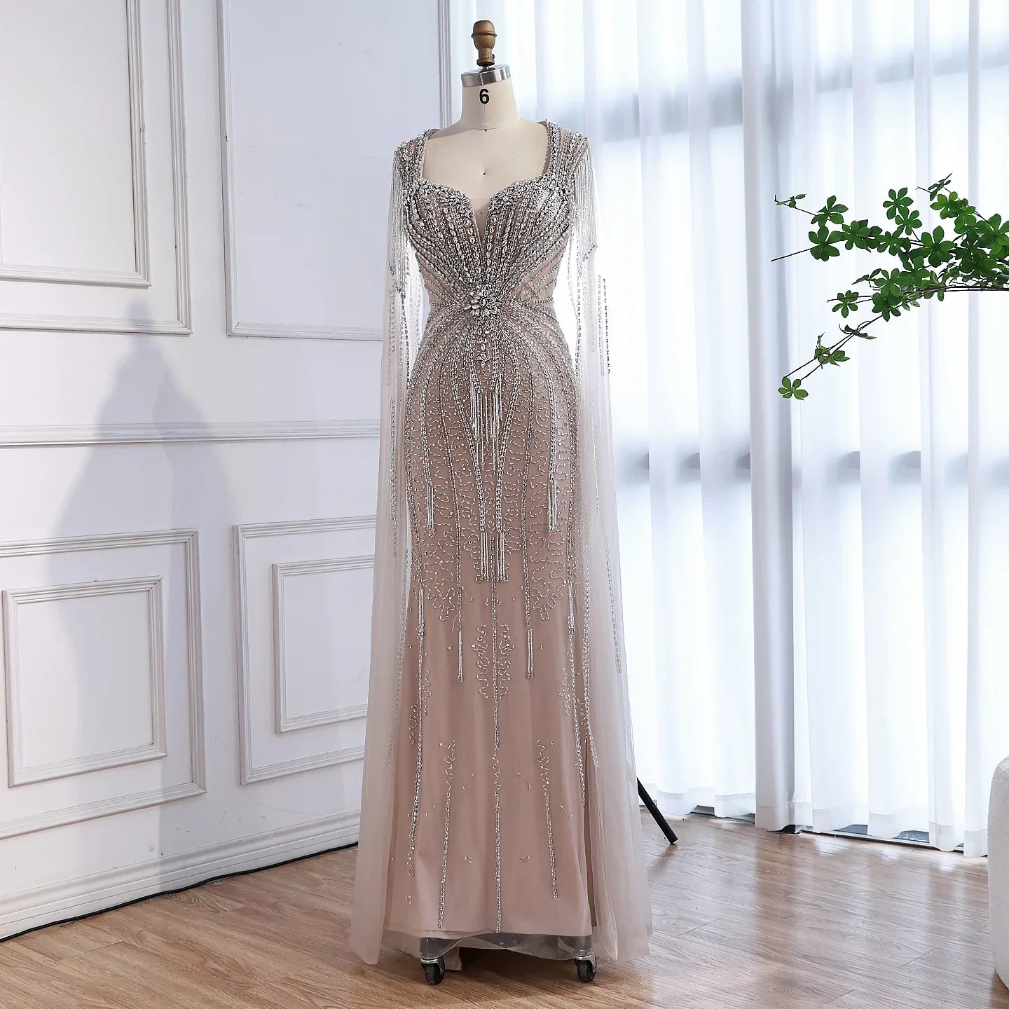 Luxury Caramel Beaded Evening Dress With Cape LA72992A