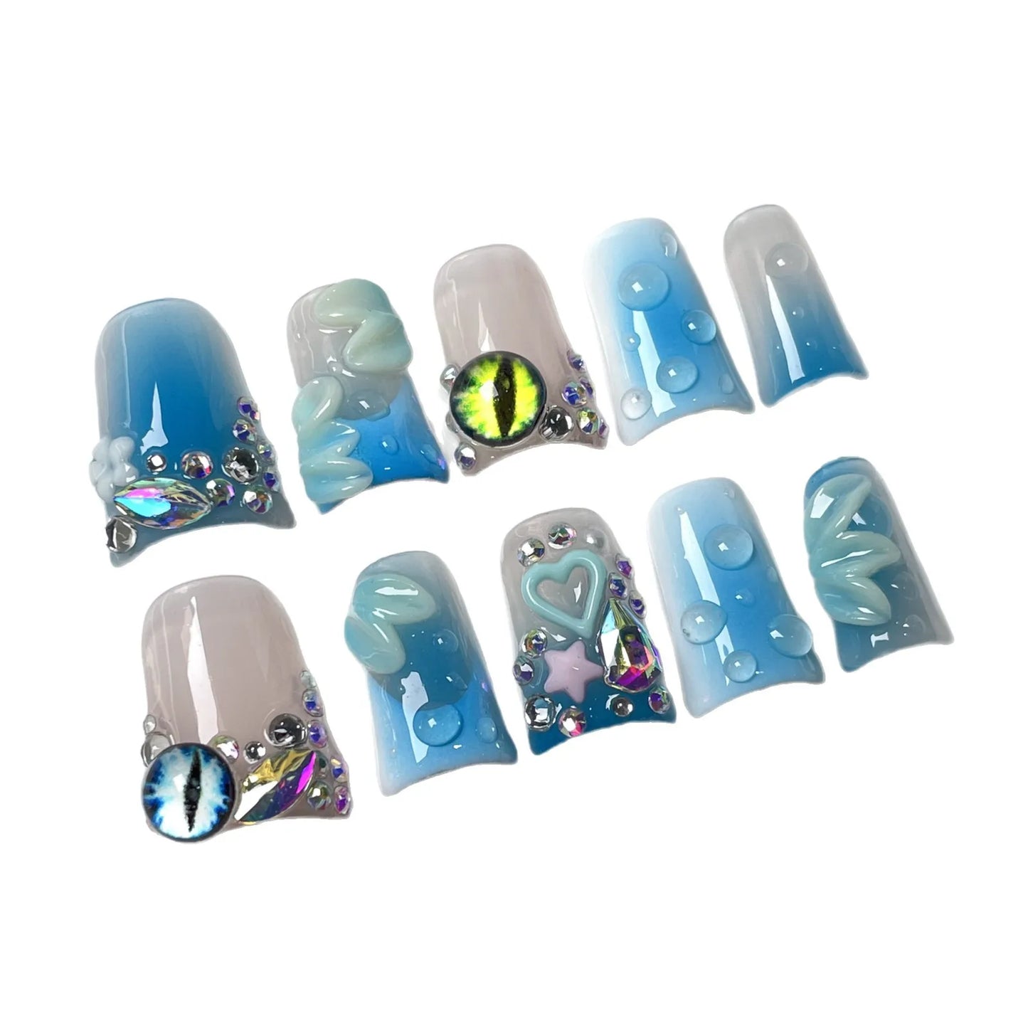 10 uñas postizas de verano en azul degradado, brillantes, con diseño de ojo de gato, flores 3D, brillantes, con diamantes, hechas a mano. 
