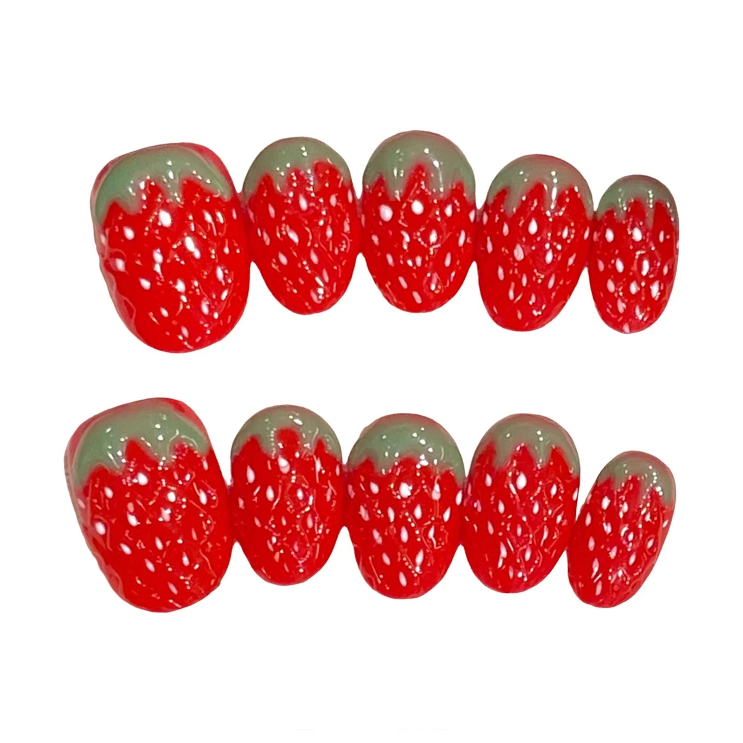 10 uñas postizas de fresa roja, hechas a mano, cortas y redondas, brillantes, con efecto ojo de gato, para usar. 