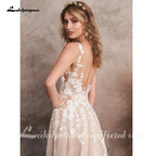 Champagne A Line Custom Wedding Dress V Neck Lace Applique Gown