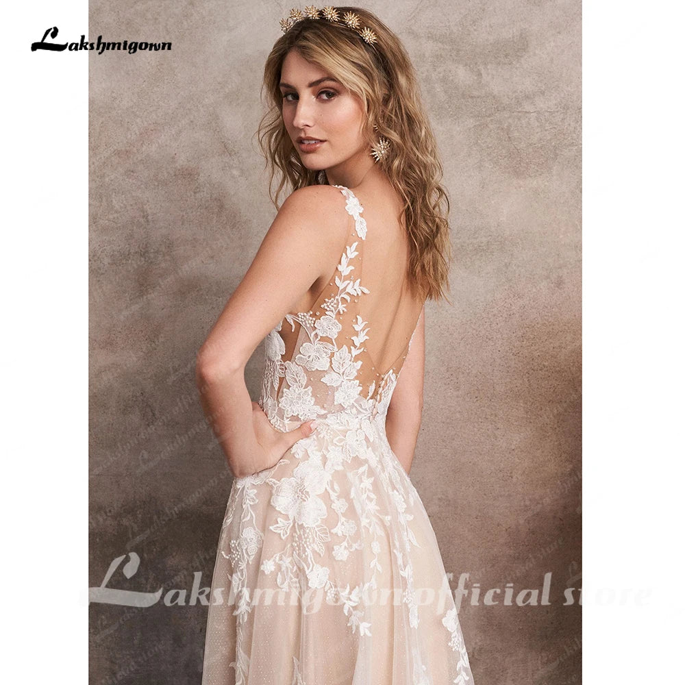 Champagne A Line Custom Wedding Dress V Neck Lace Applique Gown
