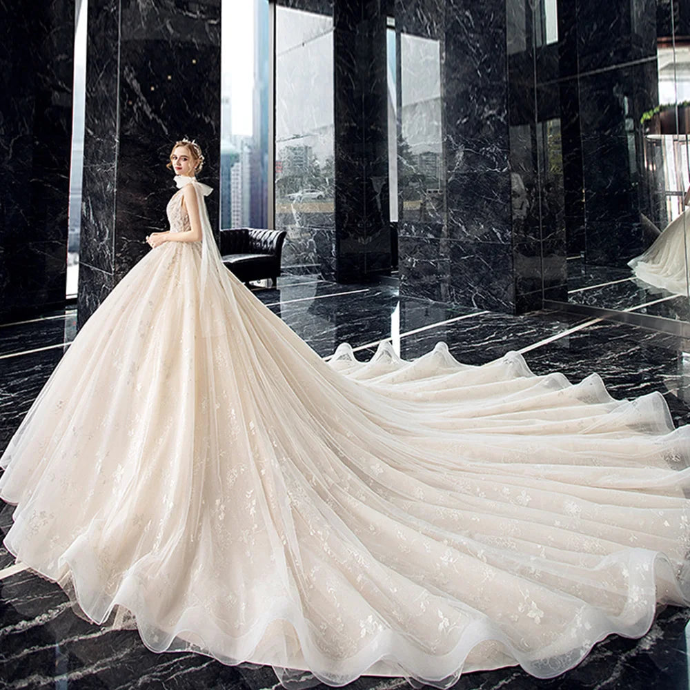 Elegant Crystal Lace V Neck Ball Gown Wedding Dress With Chapel Train