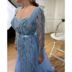 Custom Blue Long Sleeve Mermaid Pearl Beaded Evening Dress Women Wedding Gown