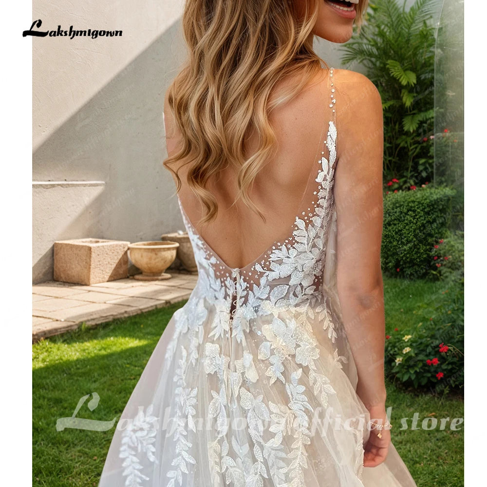 Custom A Line Backless Wedding Dress Featuring Beaded Lace Tulle