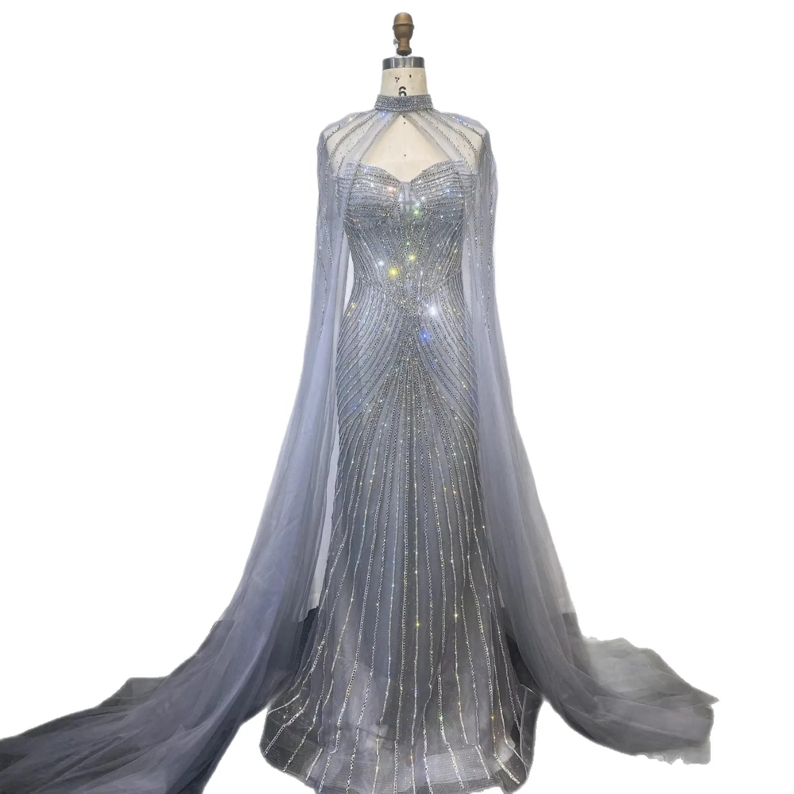 Vestido de Noite de Sereia em Nude de Luxo com Mangas de Capa LA73118