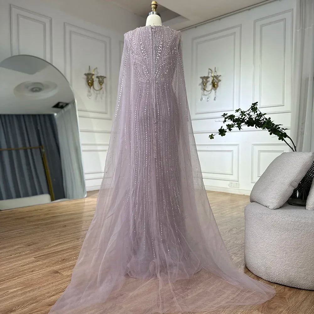 Serene Hill Custom Pink Cape Sleeve Mermaid Beaded Evening Gown For Women