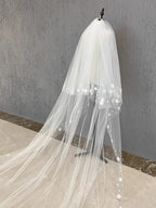 Long Custom Wedding Bridal Veil Featuring 3D Flowers And Pearl Details