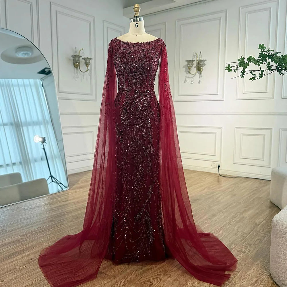 Customized Caramel O Neck Mermaid Evening Dress With Cape Sleeve