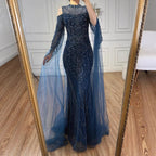 Navy Blue Cold Shoulder Mermaid Beaded Custom Evening Dress With Cape Sleeves
