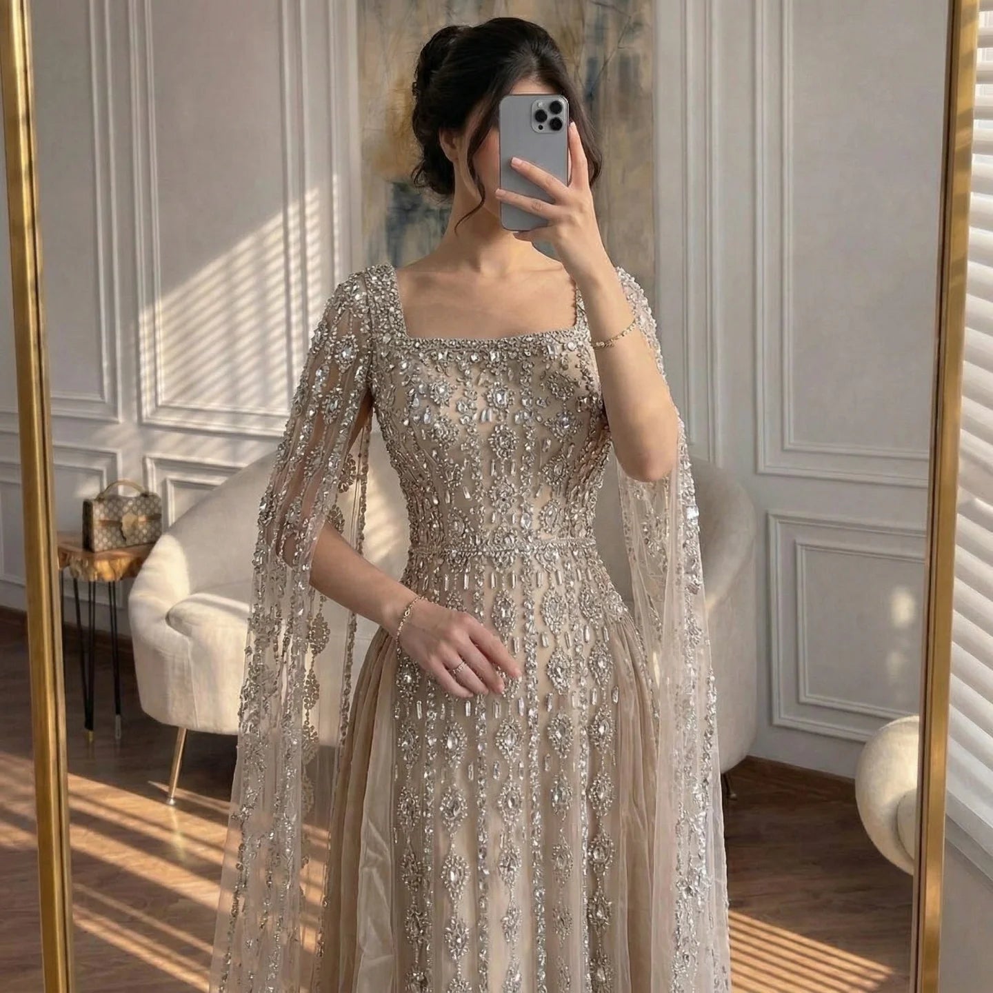 Luxury Beaded Evening Gown Cape Sleeve Square Neck Custom Muslim Wedding Dress