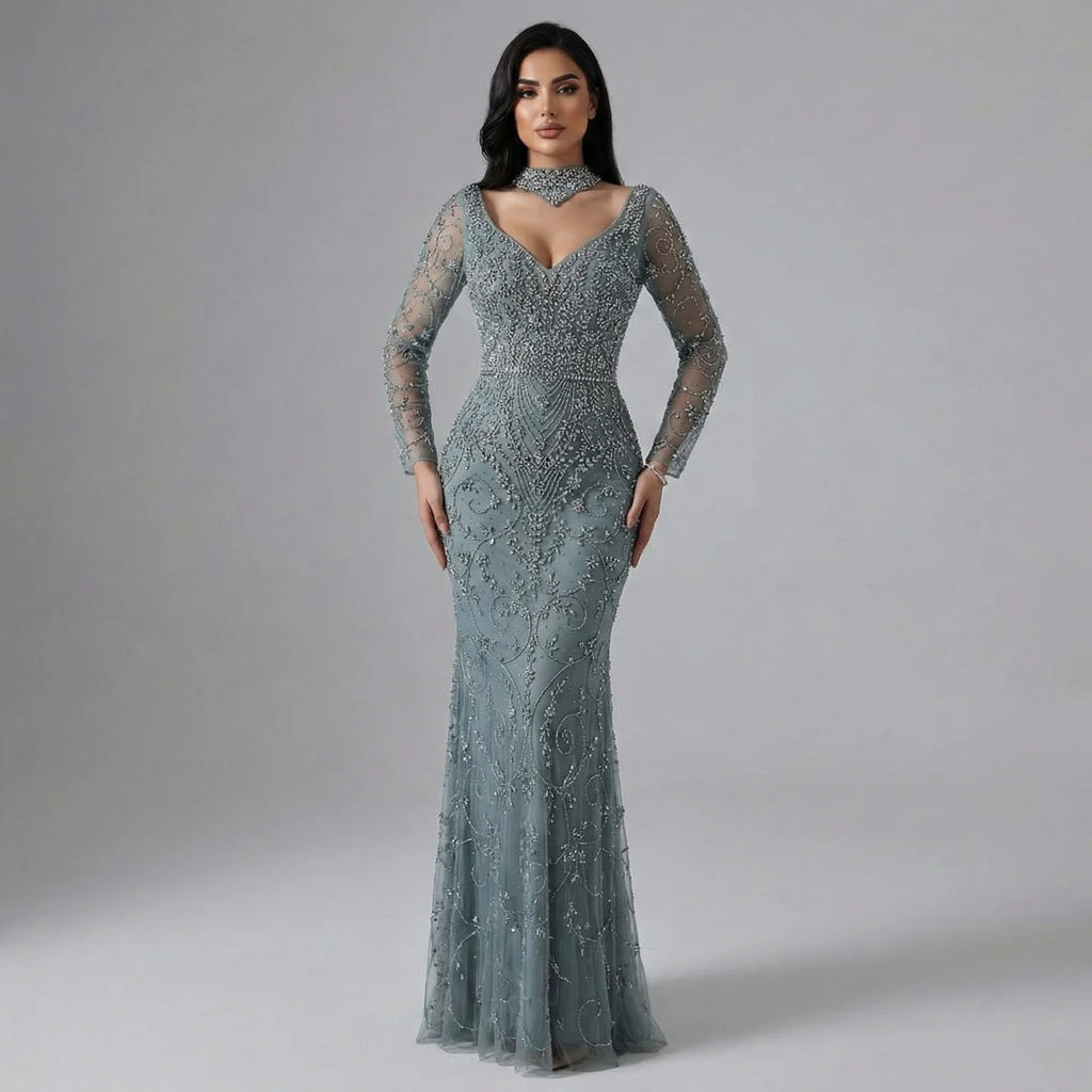 Custom Turquoise Mermaid Evening Dress With Long Sleeves And Beading