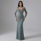 Custom Turquoise Mermaid Evening Dress With Long Sleeves And Beading