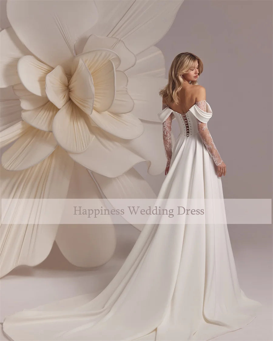 Custom Strapless Corset Lace Sleeve A Line Front Split Wedding Dress