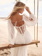 Plus Size Long Sleeve V Neck Lace Applique Custom Boho Bridal Dress