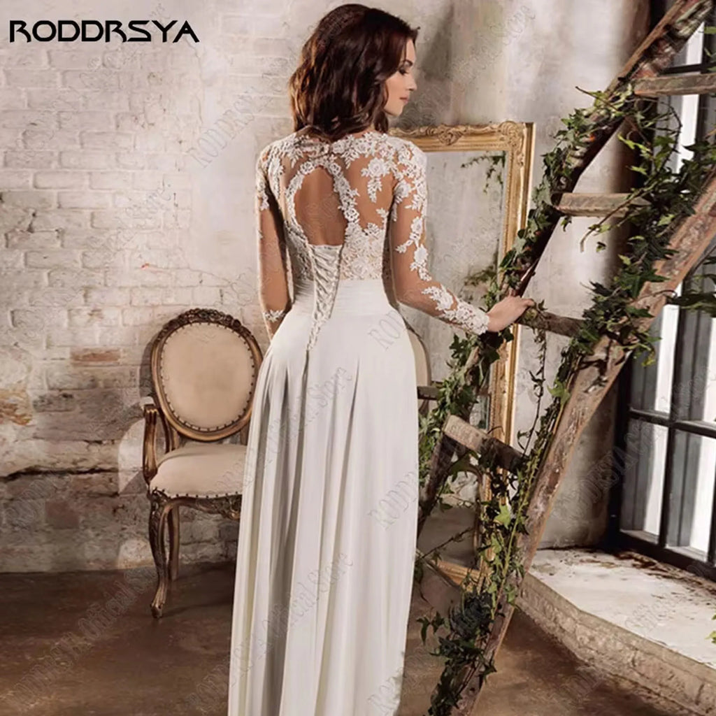 Chiffon A Line Wedding Dress Long Sleeve V Neck Split Appliques