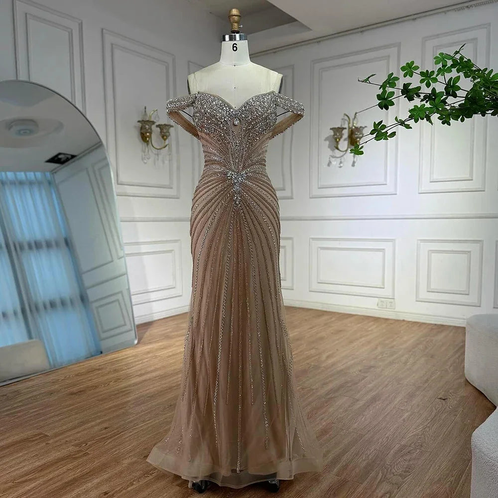 Luxury Beaded Mermaid Off Shoulders Evening Dress Custom Nude Gown For Women