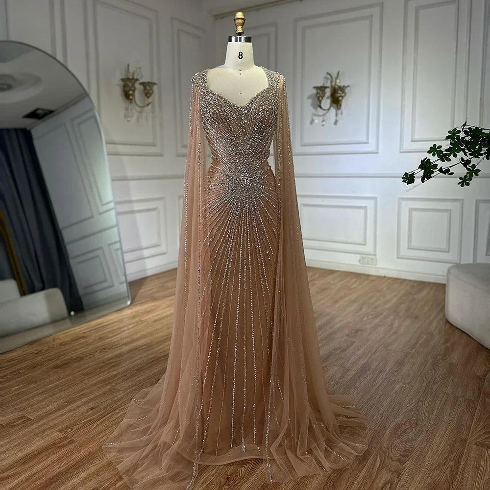 Dubai Luxury Nude Cape Sleeves Beaded Evening Dress LA72575A