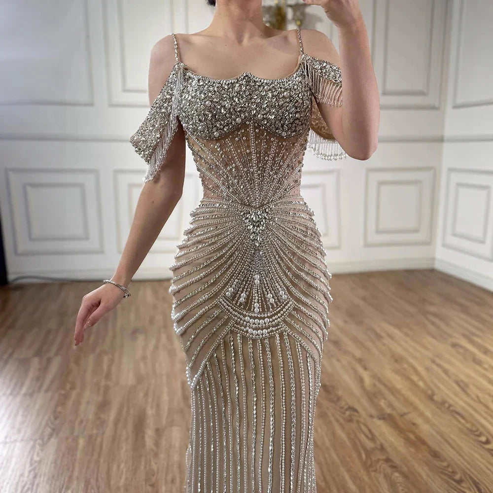 Customized Pink Beaded Off Shoulder Mermaid Evening Dress For Women