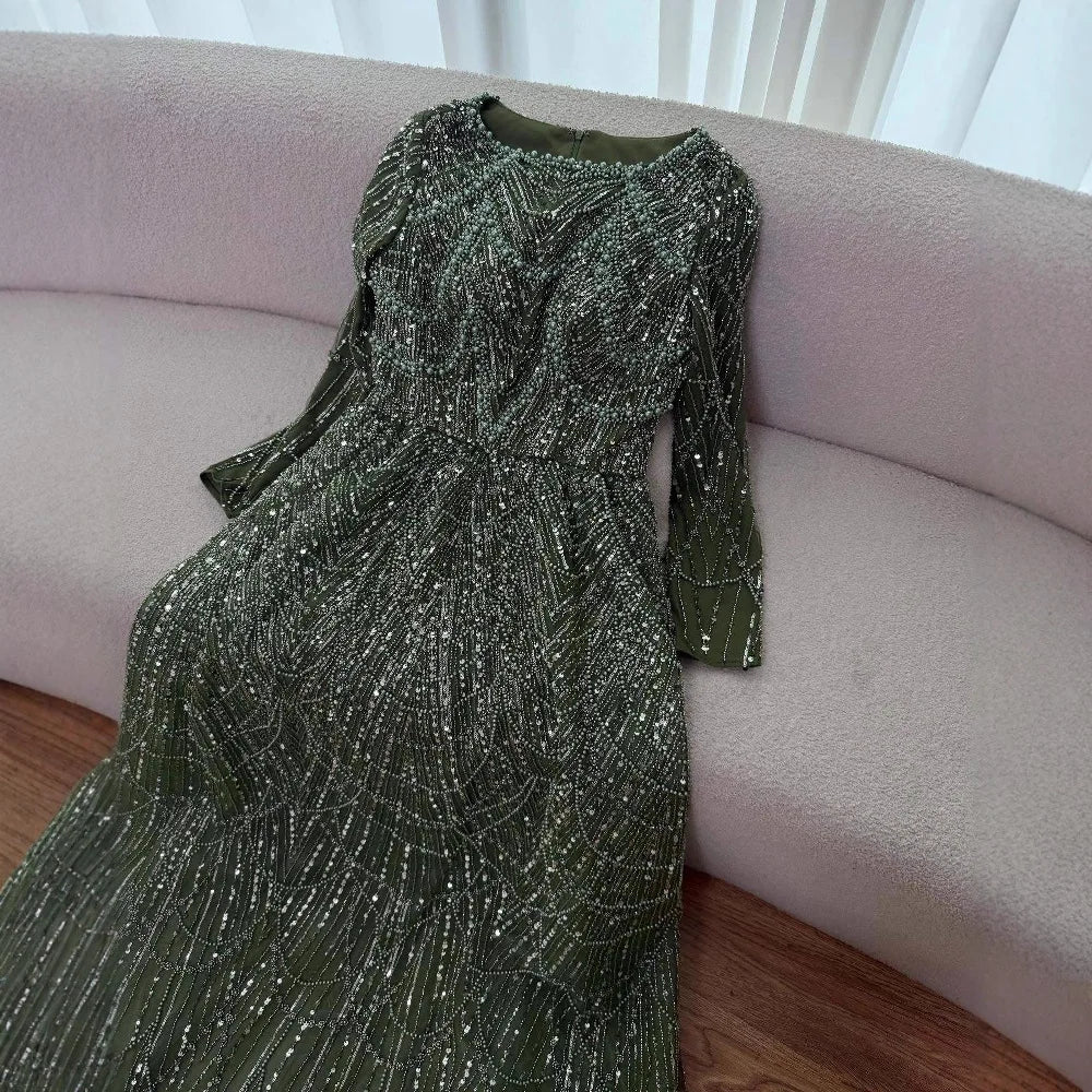Wine Red Long Sleeve Muslim Evening Dress Beaded Pearl Plus Size Party Gown