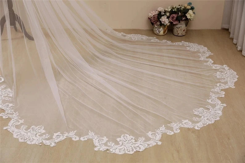 Cathedral Wave Lace Wedding Veil Tulle Ivory Bridal Hair Comb Accessory