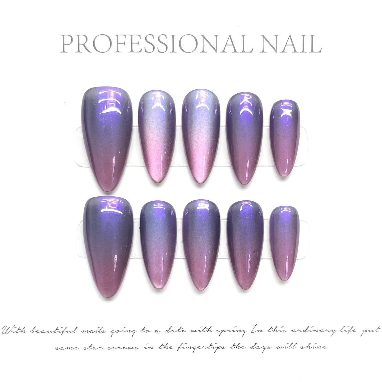 10 uñas postizas brillantes de ojo de gato, color morado nude, almendra, hechas a mano, para uso diario, para fiestas, manicura para mujer. 