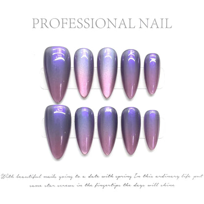 10 uñas postizas brillantes de ojo de gato, color morado nude, almendra, hechas a mano, para uso diario, para fiestas, manicura para mujer. 