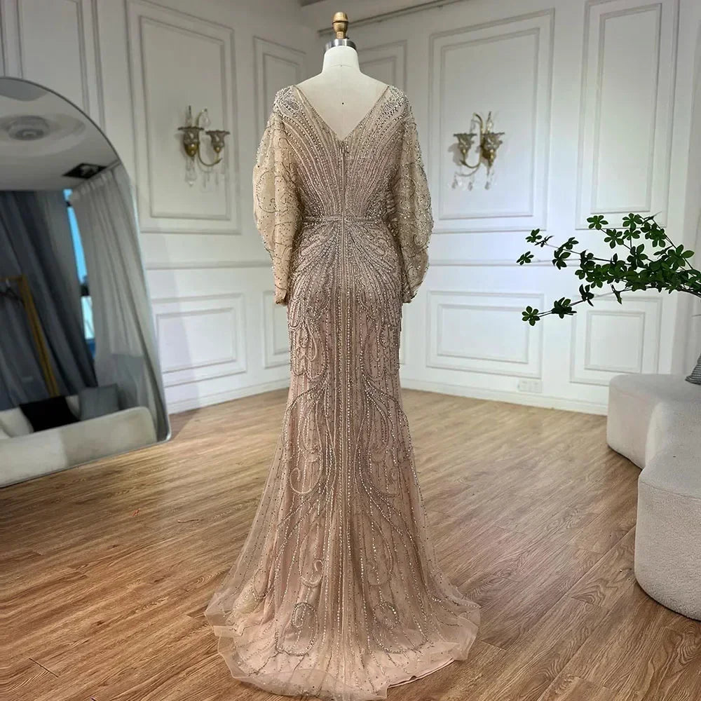 Serene Hill Nude V-Neck Mermaid Beaded Evening Dress Wedding Gown 2025 Customized