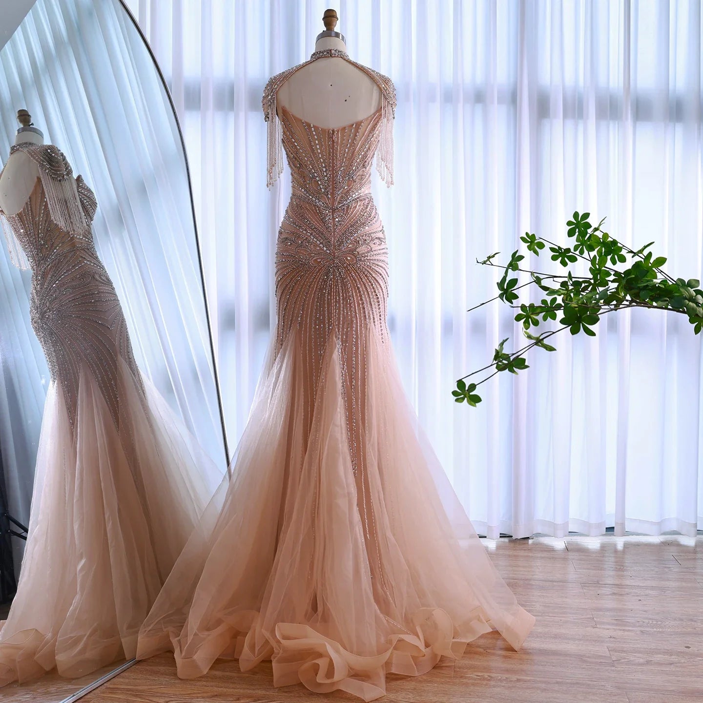 Luxury Dubai Beaded Blue Pink Evening Dress with Tassel Cape LA72897B