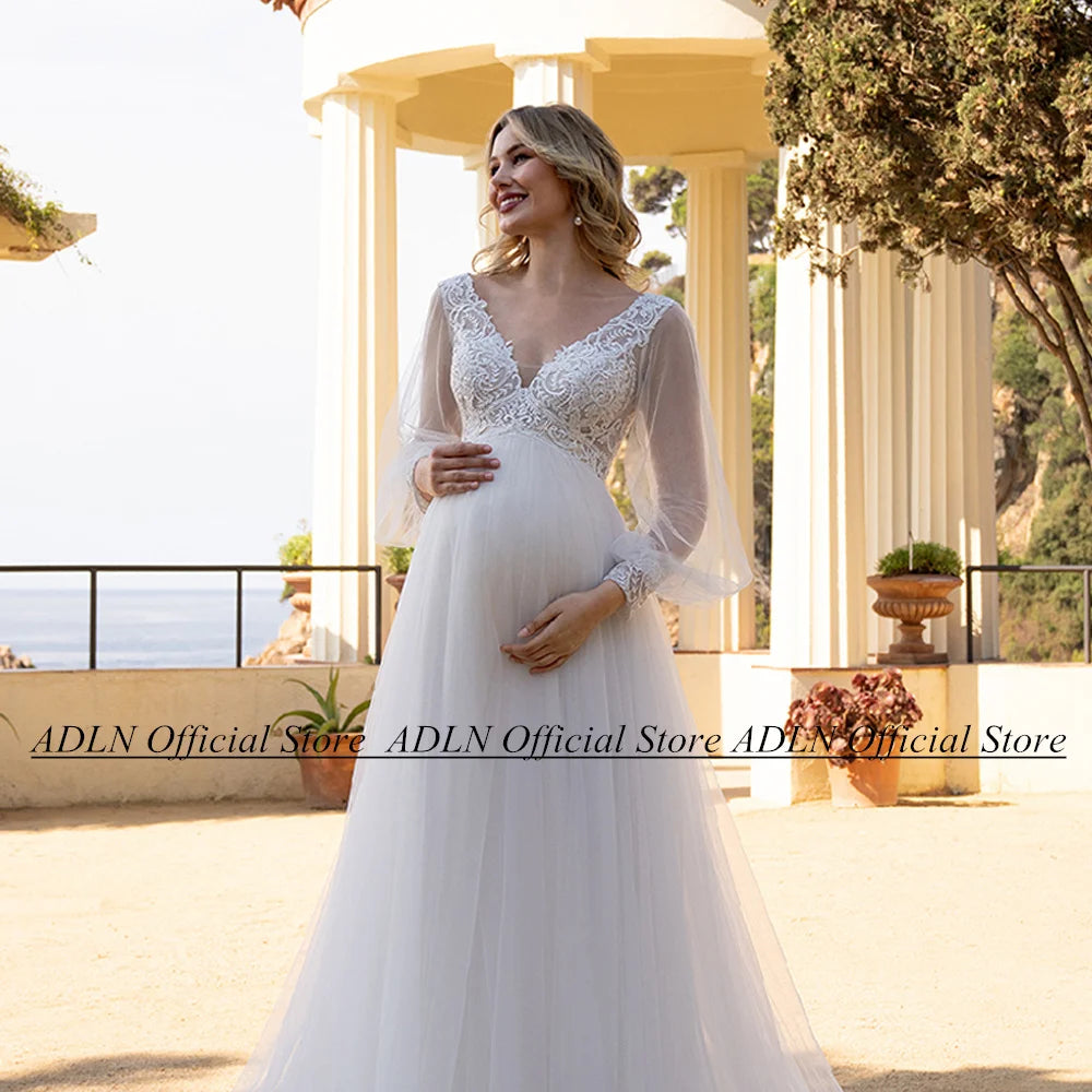 Custom Ivory Maternity Wedding Dress With V Neck And Puff Sleeve