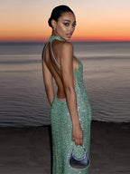 Sexy Halter Backless Long Dress Women Solid Sequin Sleeveless High Waist Slim Fit Dresses 2025 Lady Chic New Evening Party Robes