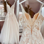Boho A Line Tulle Sexy Beach Wedding Dress Illusion Appliques Open Back Gown
