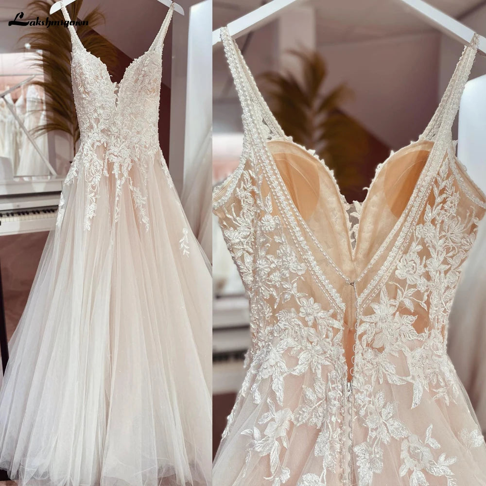 Boho A Line Tulle Sexy Beach Wedding Dress Illusion Appliques Open Back Gown
