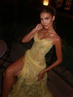 Cathy Customized Yellow Mermaid Lace Embroidery Prom Dresses Sequins Sleeveless vestidos de noiva Side High Split Formal Evening