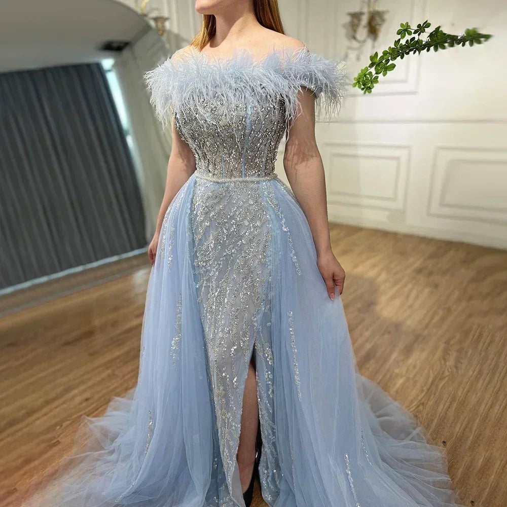 Custom Yellow Feather Beaded Mermaid Evening Dress With Overskirt Side Slit