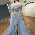 Custom Yellow Feather Beaded Mermaid Evening Dress With Overskirt Side Slit