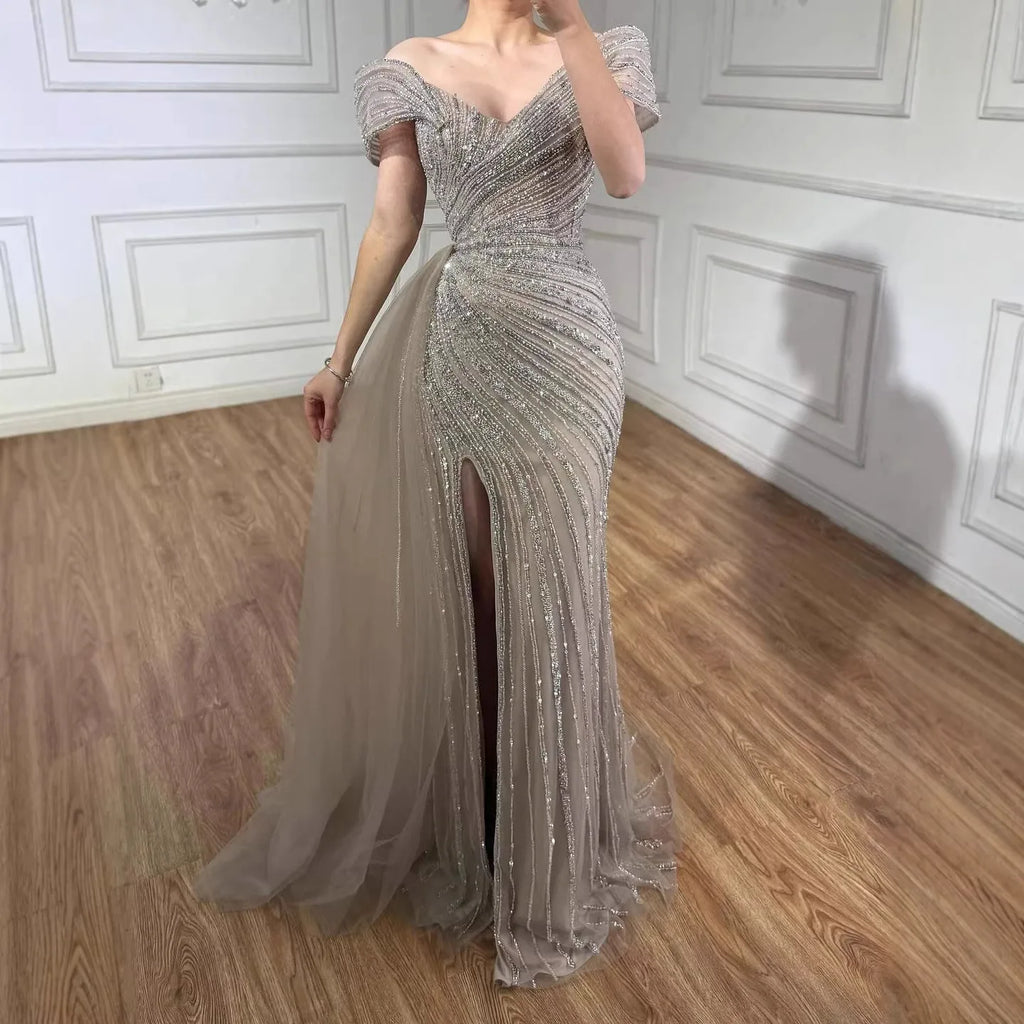Luxury Off Shoulder Mermaid Evening Gown With Beaded Side Train