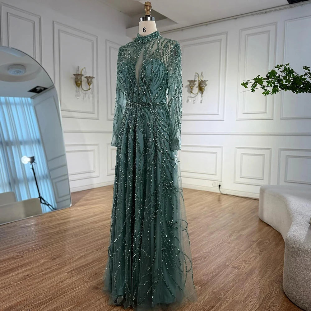 Custom Turquoise A Line Evening Dress With Beaded High Neck Formal Gown