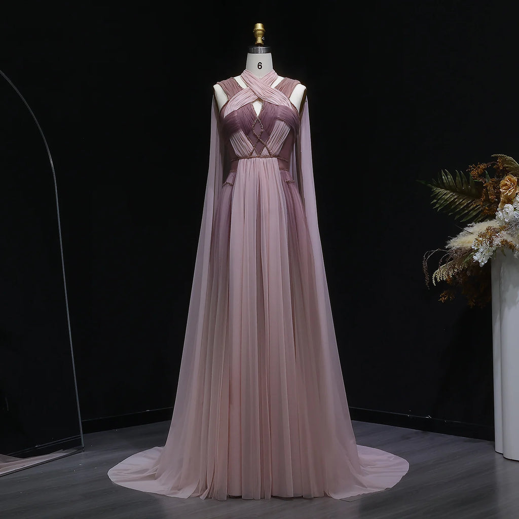 Sharon Said Ombre Pink Elegant Evening Dress with Cape Sleeve Criss Cross Halter Backless Women's Party Gowns SS309 Customized