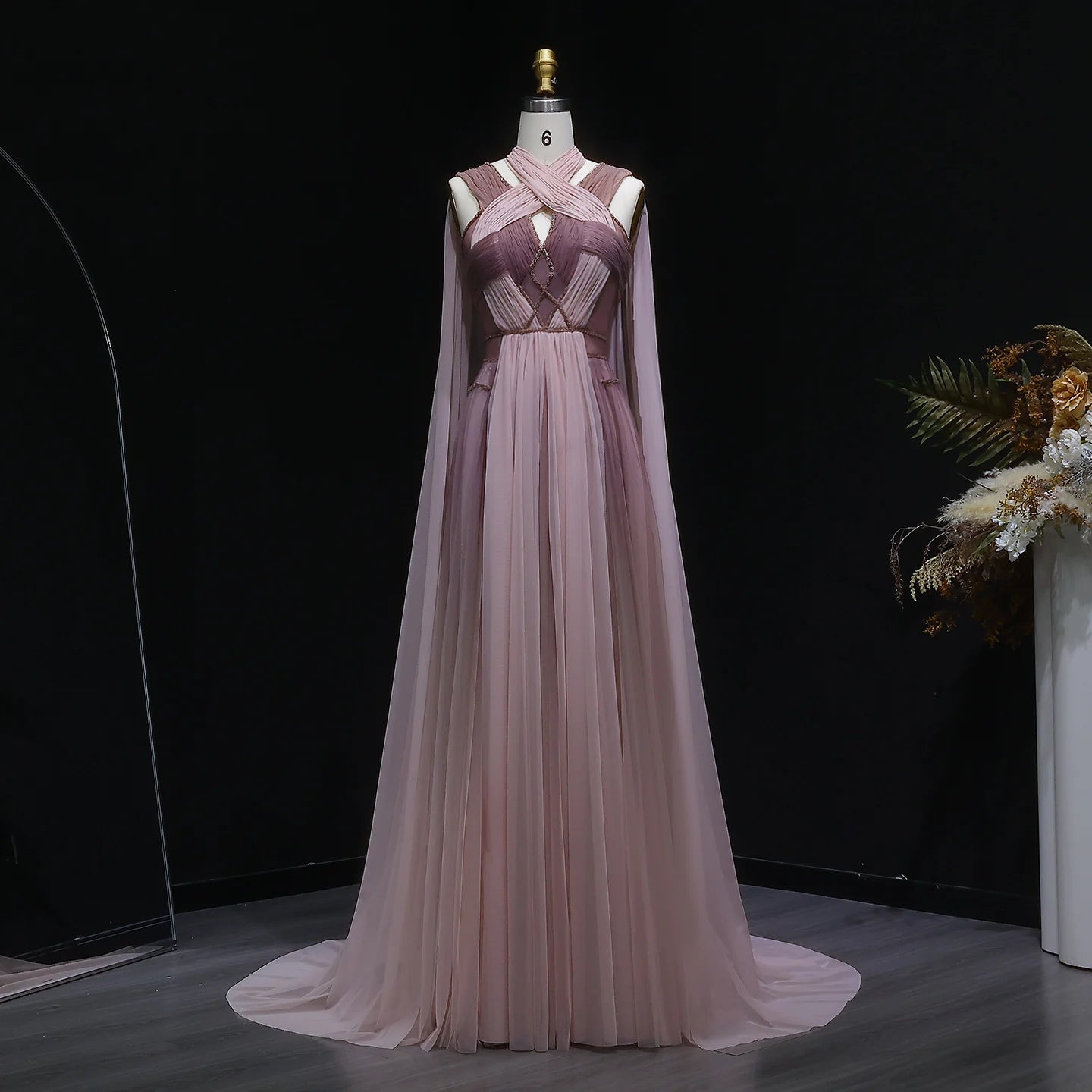 Sharon Said Ombre Pink Elegant Evening Dress with Cape Sleeve Criss Cross Halter Backless Women's Party Gowns SS309 Customized