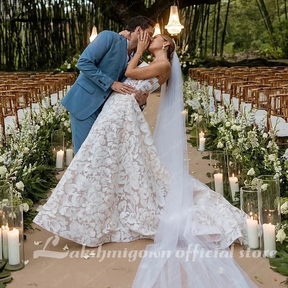 Lakshmigown Floral Lace A Line Strapless Custom Wedding Dress