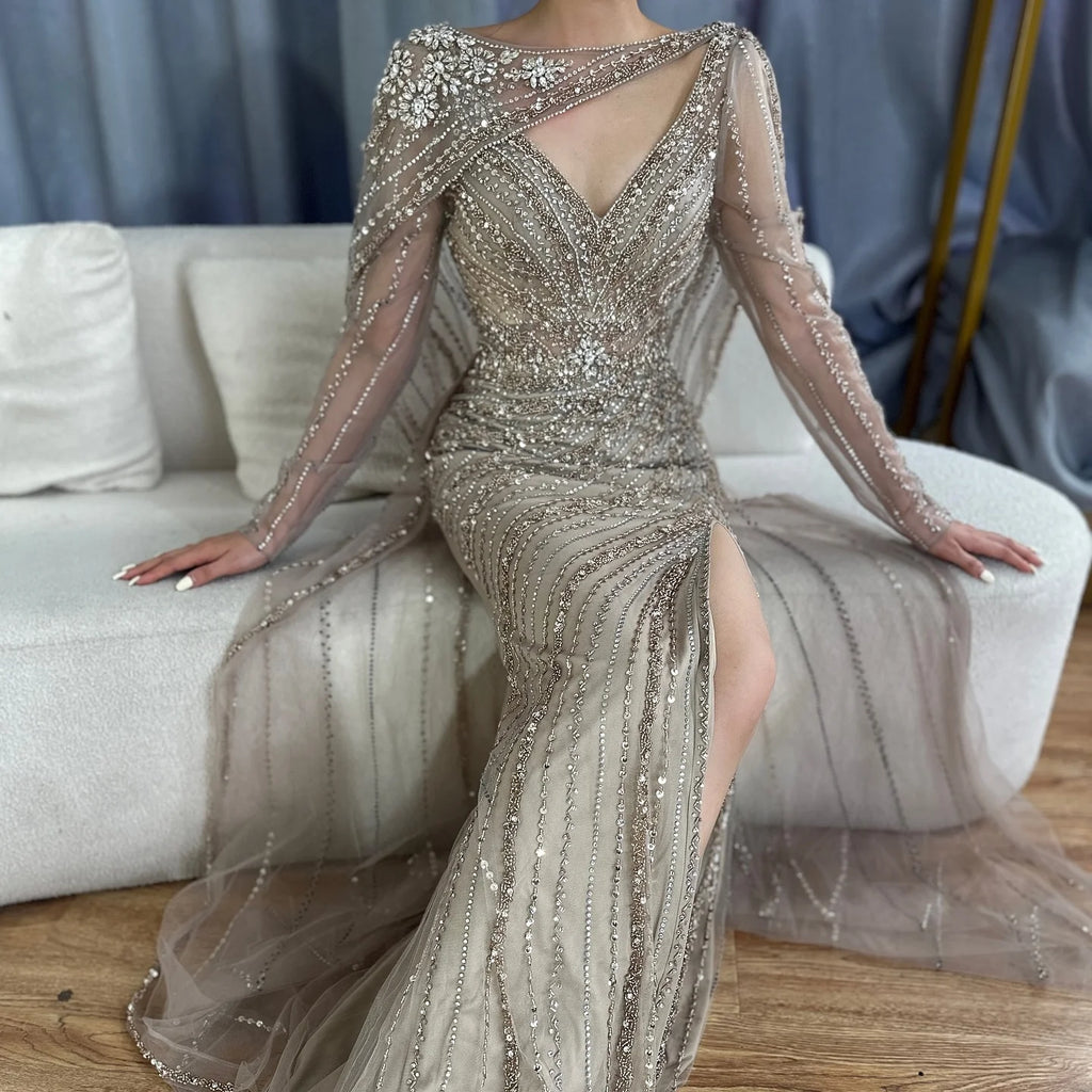Customized Mermaid Beaded Evening Gown With High Split Wedding Dress For Women