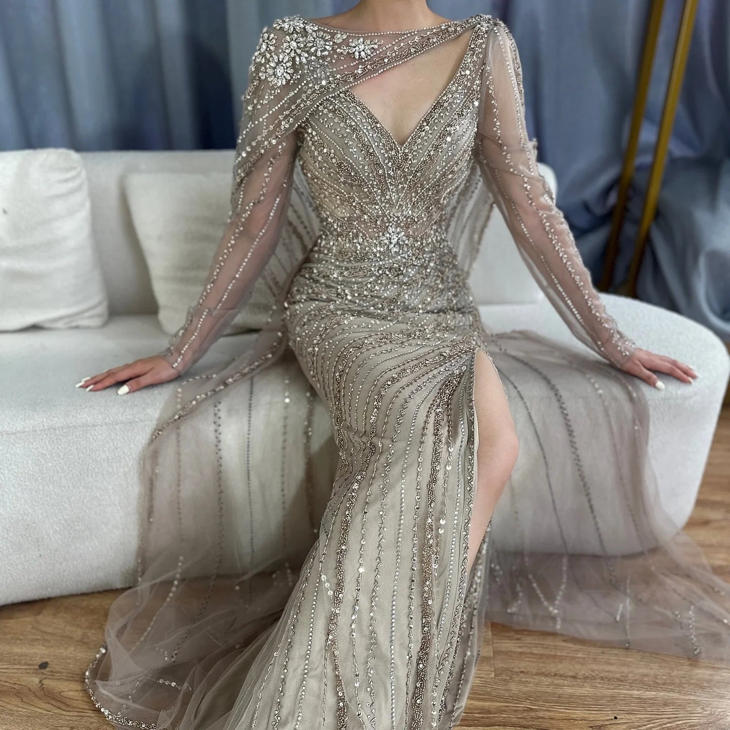 Customized Mermaid Beaded Evening Gown With High Split Wedding Dress For Women