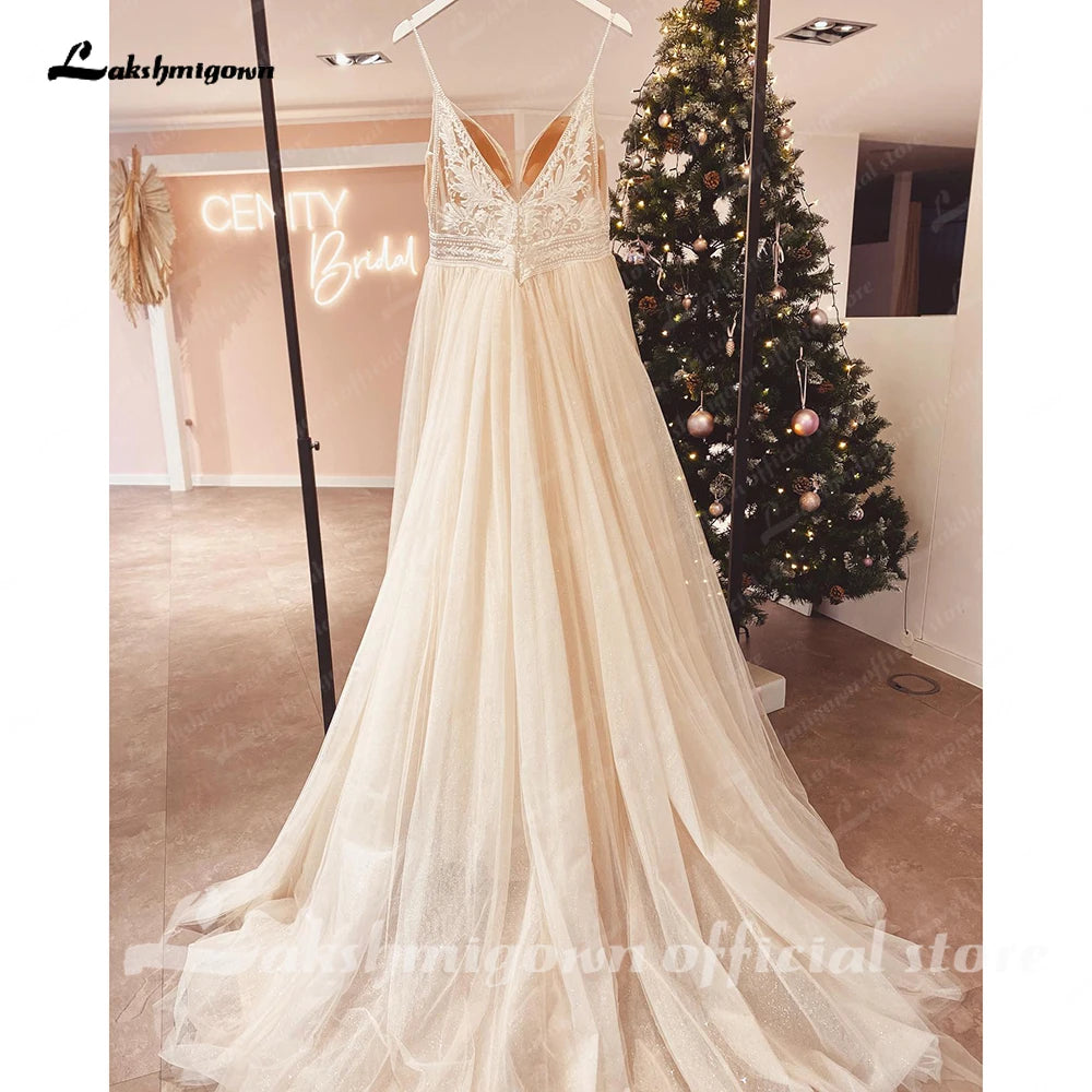 Custom Champagne Boho Wedding Dress For Women Spaghetti Strap Bridal Gown