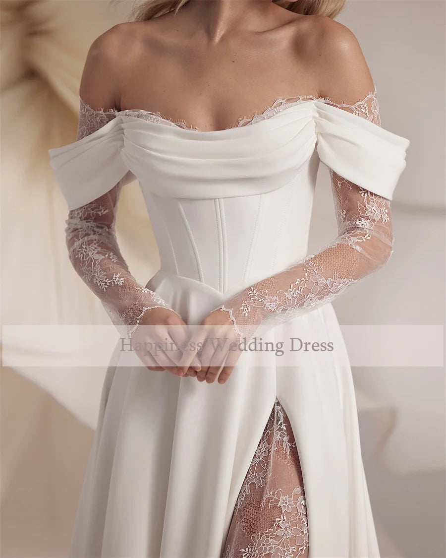 Custom Strapless Corset Lace Sleeve A Line Front Split Wedding Dress