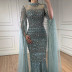 Blue Beaded Evening Dress With Cape Sleeves Custom Formal Gown For Women